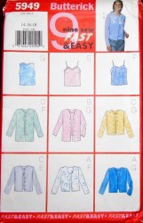 5949 BUTTERICK 9 EZ CAMI/  SLEEVELESS TOPS CARDIGAN LENGTHS PATTERN 8-12, 14-18